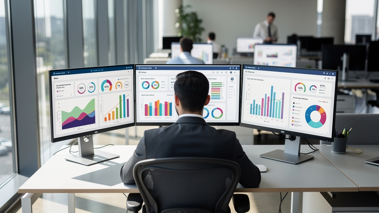 Gestor analisando dashboards com inteligência artificial em escritório moderno com luz natural