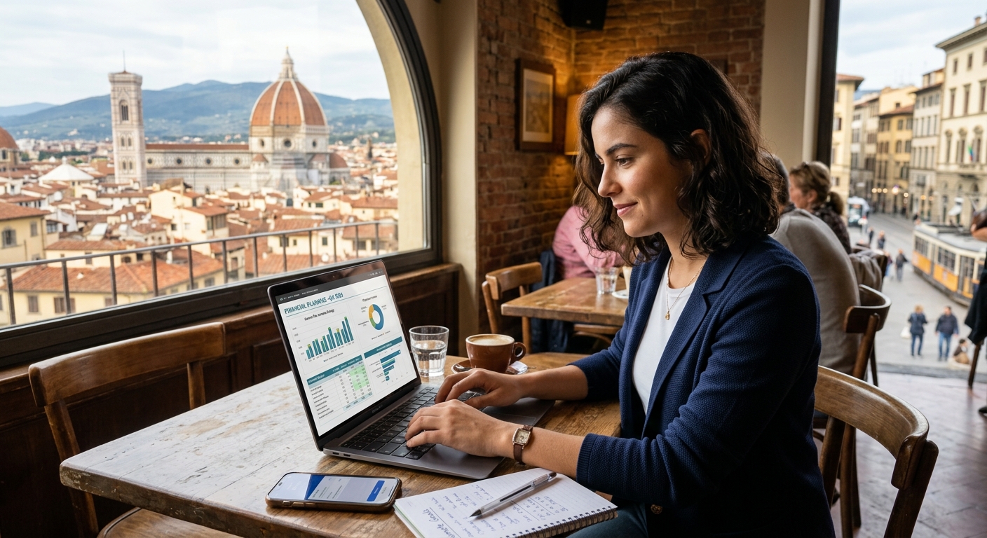 Jovem profissional brasileira trabalhando remotamente em notebook, com paisagem de cidade europeia ao fundo, focada em finanças.