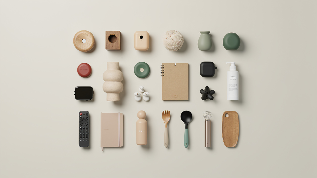 Coleção de produtos de nicho únicos e bem organizados em um fundo branco e minimalista.