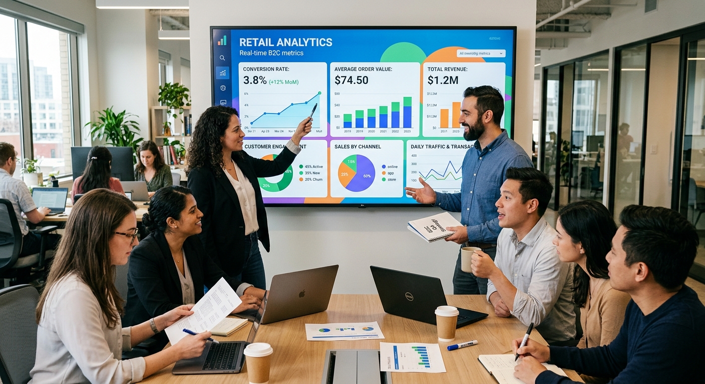 Equipe de marketing analisando um painel com métricas de varejo B2C como taxa de conversão e valor médio de pedido.