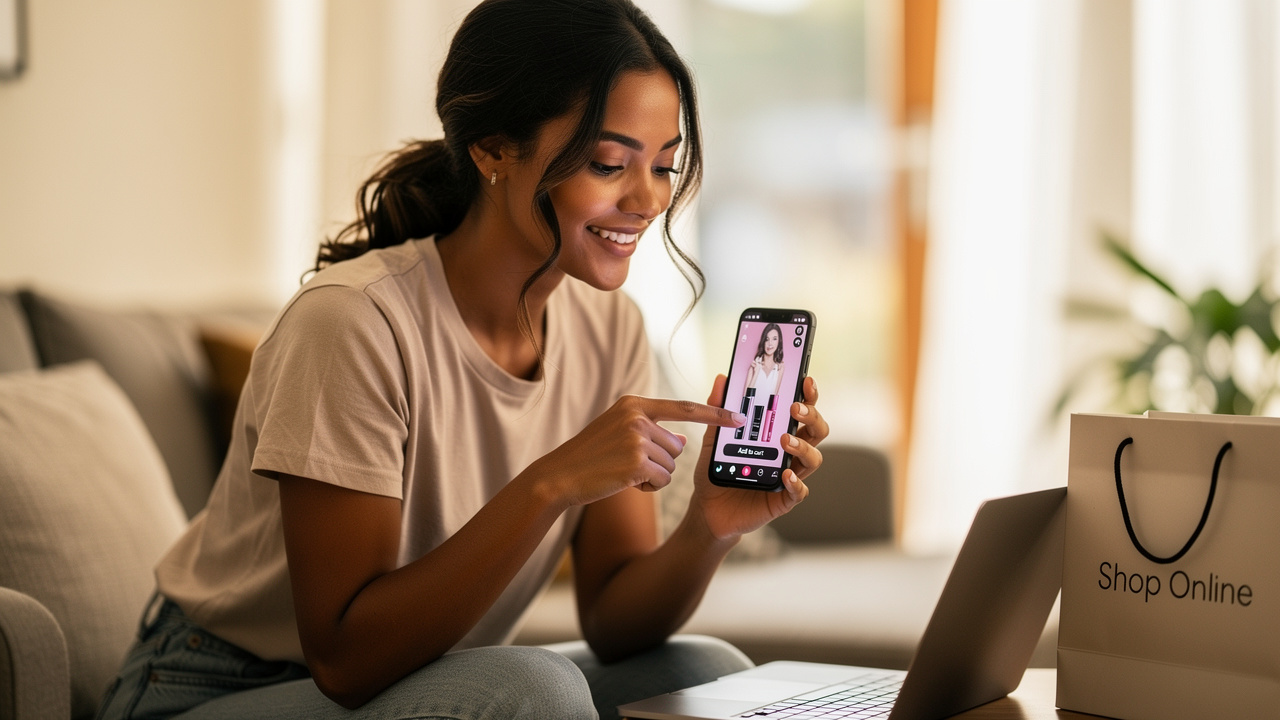 Jovem brasileira assistindo vídeo no TikTok e adicionando produto ao carrinho pelo celular