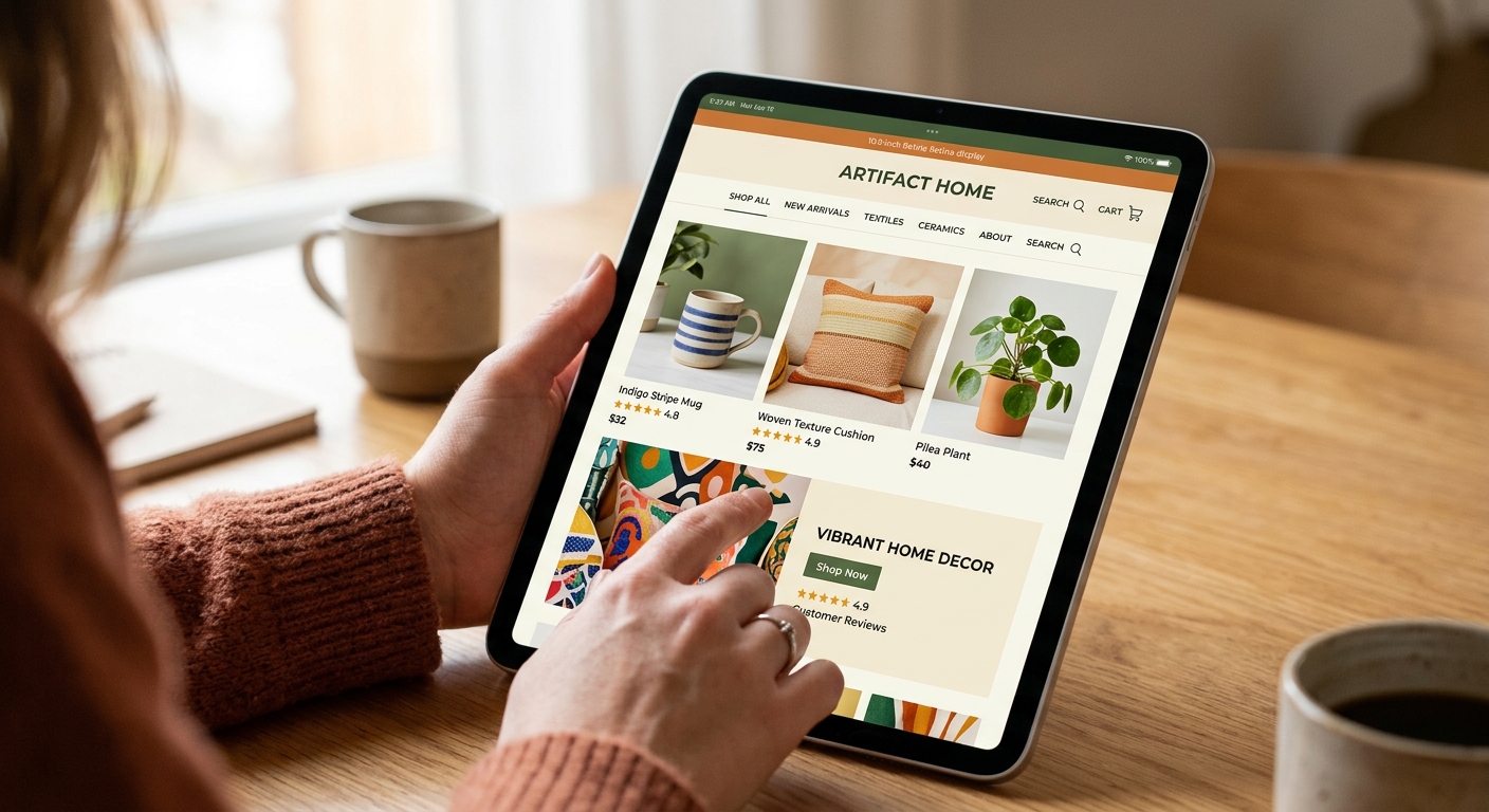 Mão de uma pessoa navegando em uma loja de e-commerce Shopify colorida e intuitiva em um tablet
