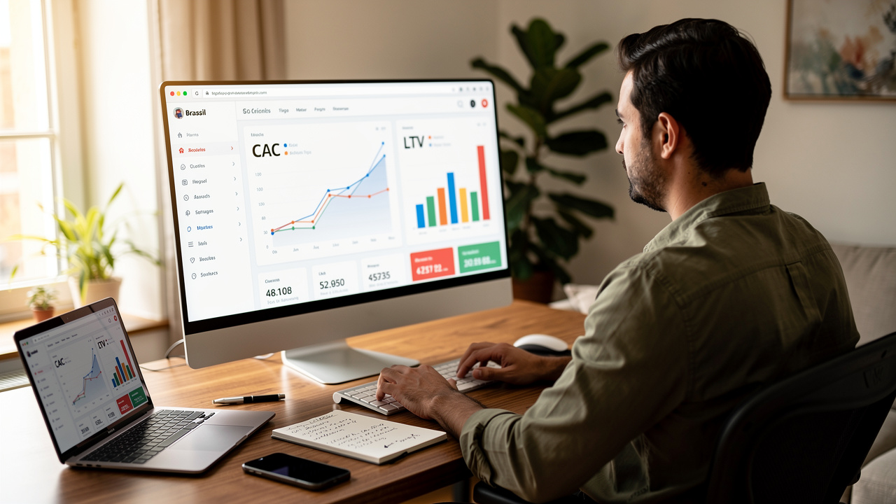 Gestora de e-commerce analisando dados de vendas de produtos em um painel com gráficos de CAC e LTV.
