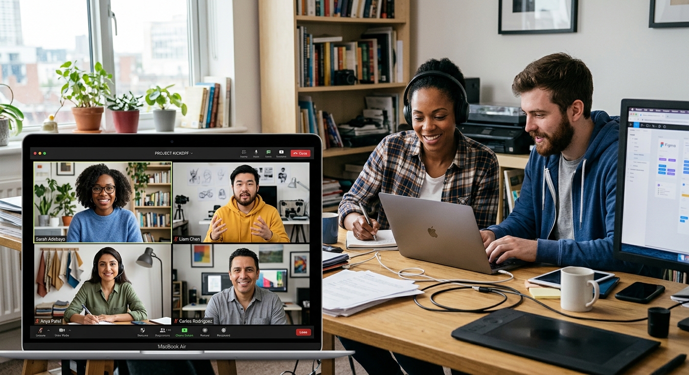 Grupo de freelancers discutindo um projeto em videoconferência com diversos profissionais