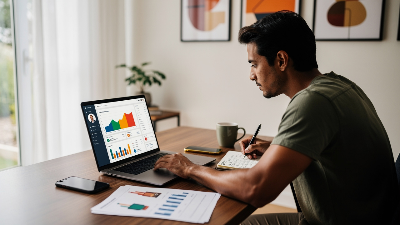 Empreendedor analisando gráficos de crescimento de e-commerce em home office moderno