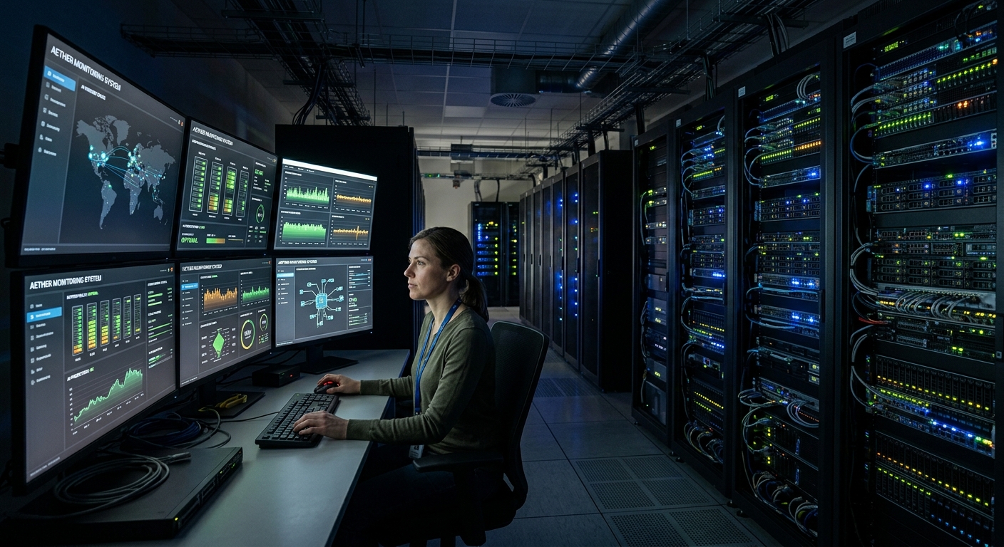 Data center com racks de servidores iluminados sendo monitorados por interface de inteligência artificial