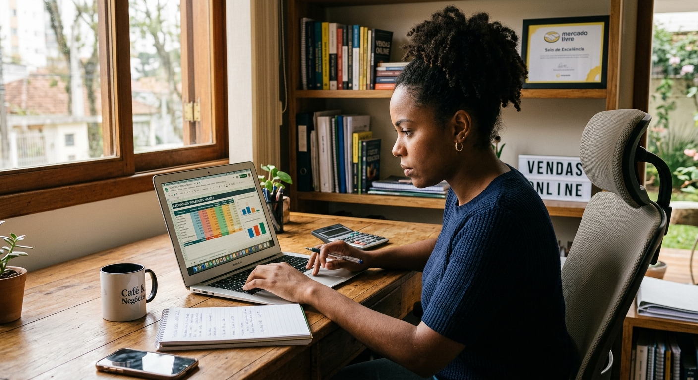 Empreendedor brasileiro analisando planilha financeira do e-commerce no computador com luz natural