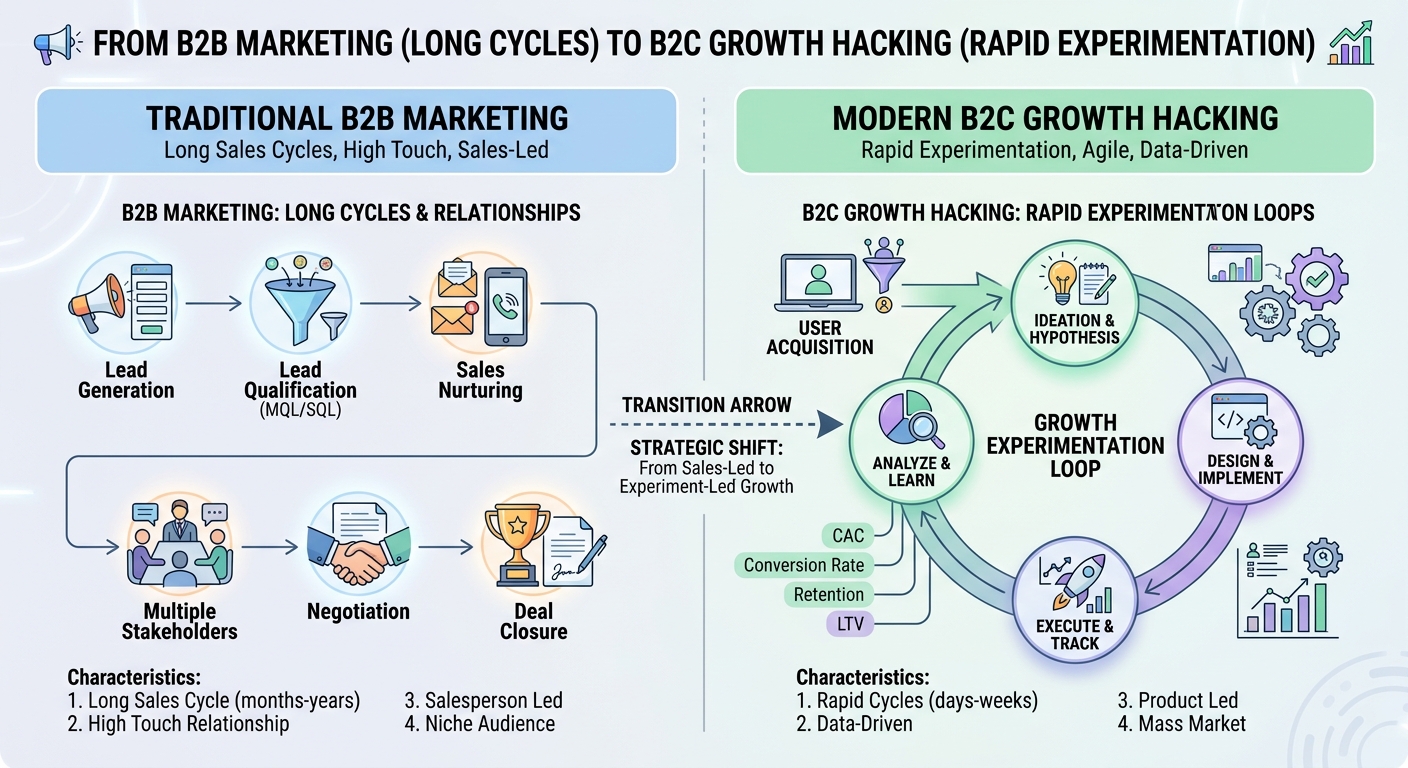 Fluxograma mostrando a transição de um marketing industrial B2B para o modelo B2C com ciclos de growth hacking