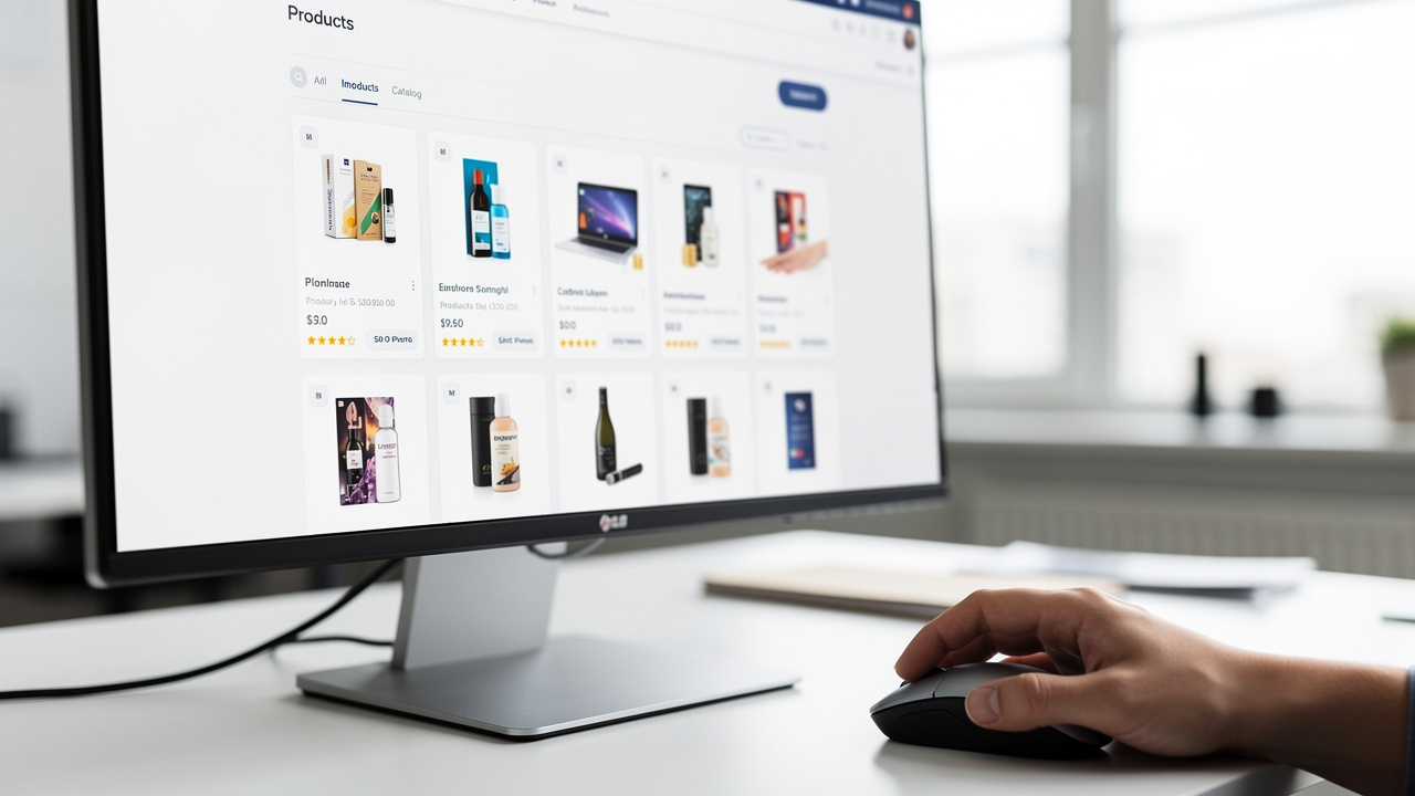 Mão clicando botão de importação em plataforma de e-commerce com cards de produtos aparecendo