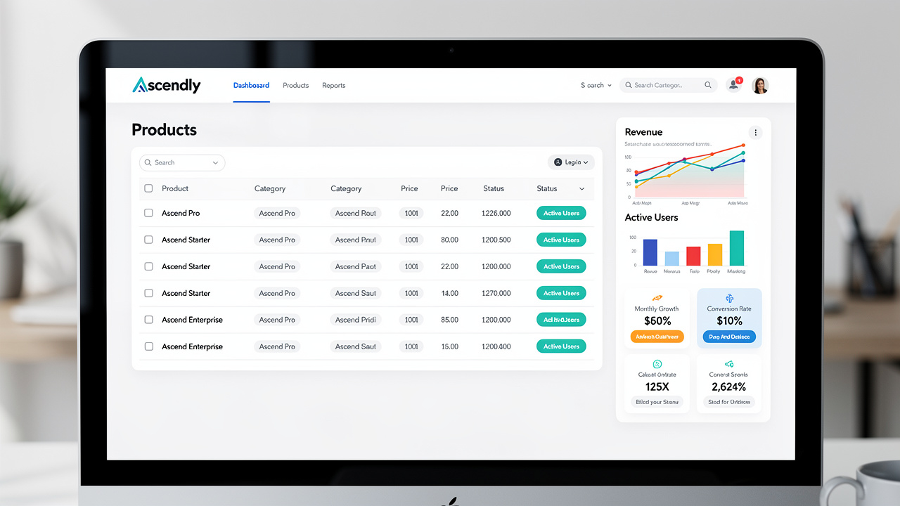 Tela da plataforma Ascendly exibindo painel de produtos importados e análises para gestão de e-commerce