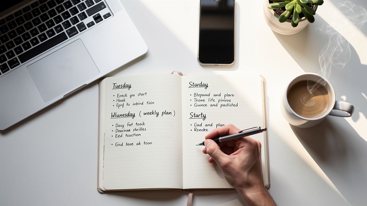 Profissional escrevendo planejamento semanal em caderno sobre mesa organizada com luz natural