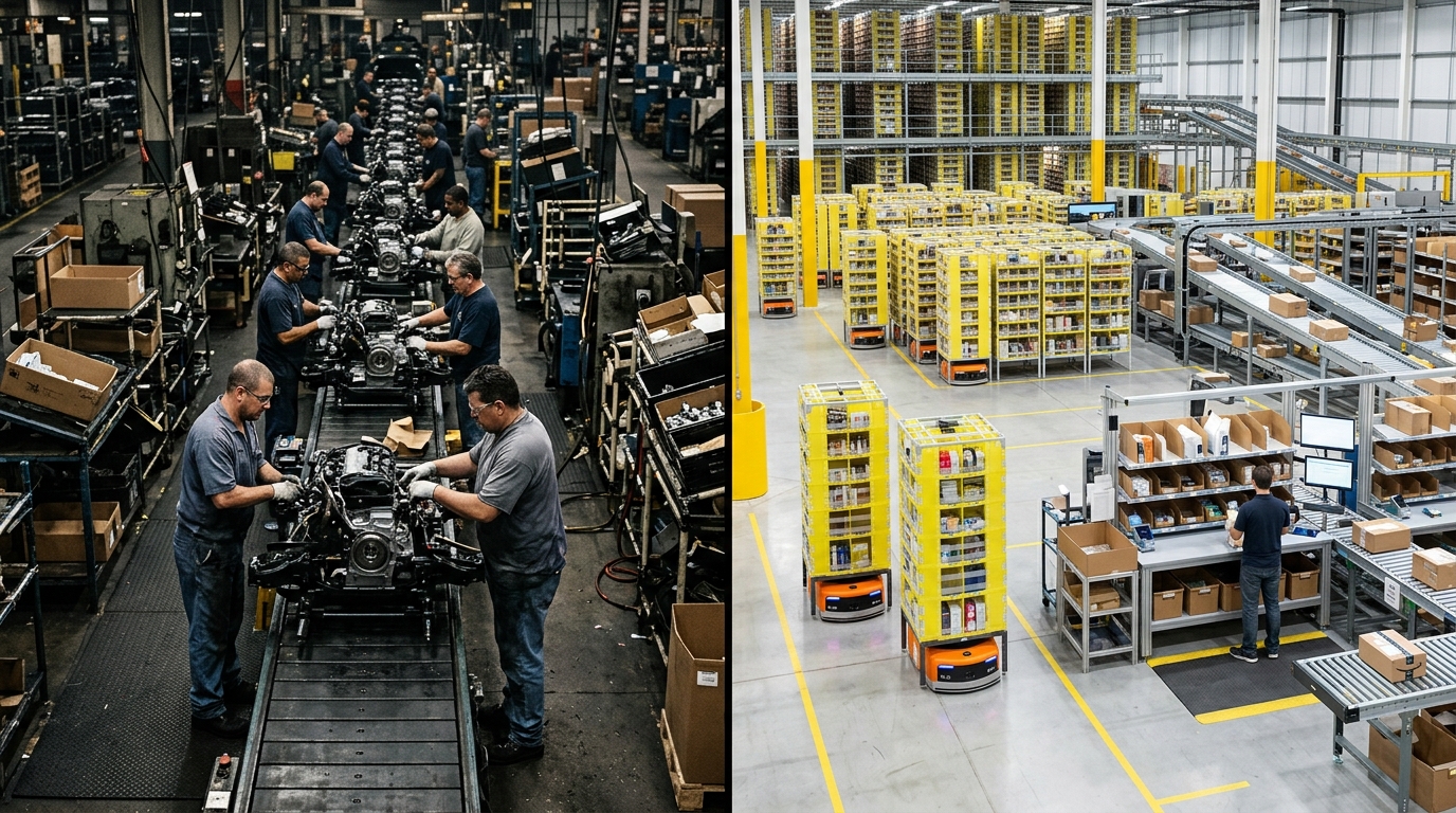 Comparativo entre uma linha de montagem industrial tradicional e um centro de distribuição de e-commerce moderno.