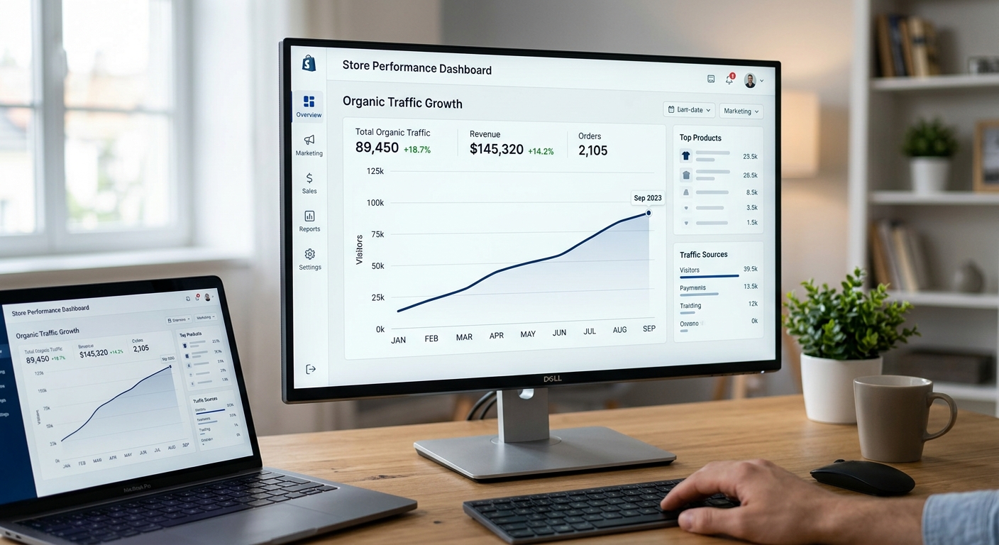 Gráfico em um painel digital mostrando o crescimento constante do tráfego orgânico de um e-commerce