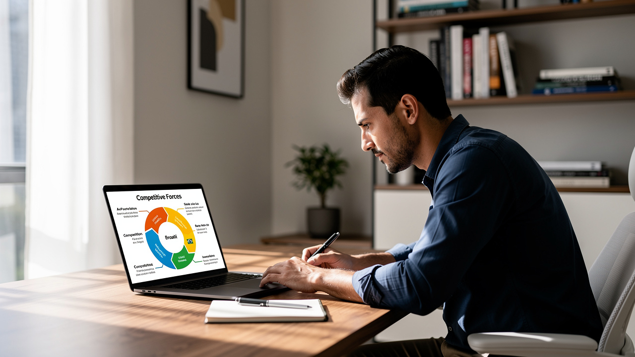 Empreendedor brasileiro analisando diagrama de forças competitivas em notebook no escritório