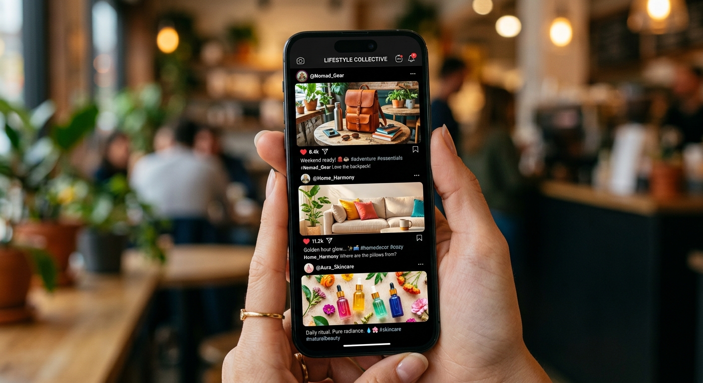 Tela de celular exibindo um feed de rede social colorido com fotos de produtos e estilo de vida