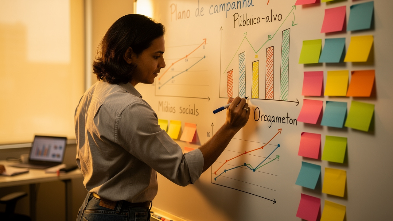 Profissional de marketing registrando notas de análise em quadro branco com gráficos coloridos
