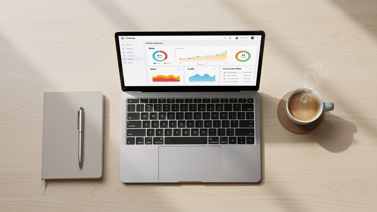 Vista de cima de uma mesa de trabalho organizada com um laptop exibindo um painel de análise de dados, simbolizando uma gestão de e-commerce eficiente.