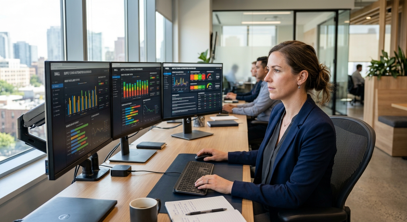 Gestor analisando painéis de automação operacional em monitores em escritório moderno