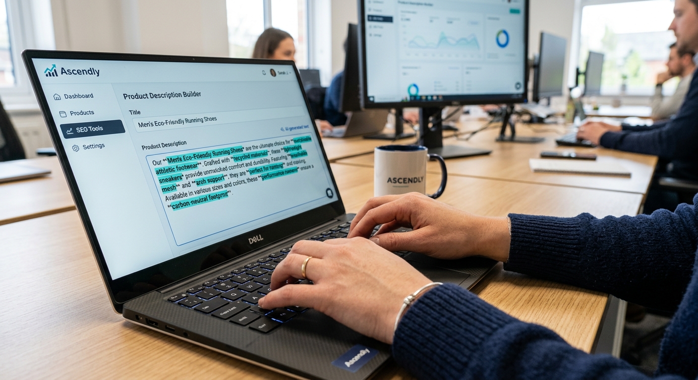 Mãos de um gerente de e-commerce digitando em notebook com a interface da Ascendly na tela.