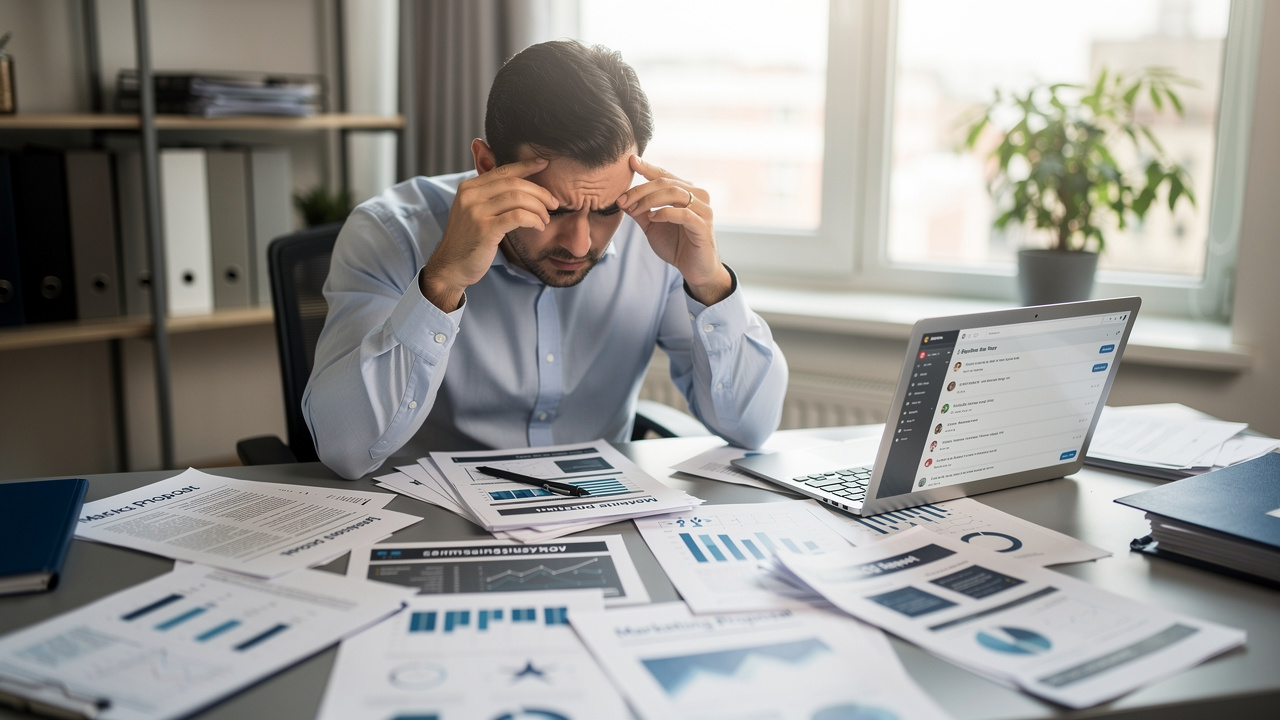 Empresário frustrado analisando propostas de agências de marketing sobre a mesa