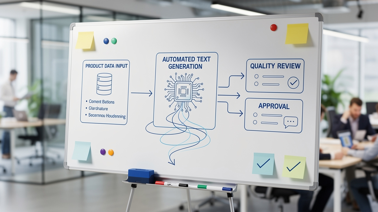 Diagrama de fluxo em quadro branco mostrando etapas de geração automatizada de descrições de produtos