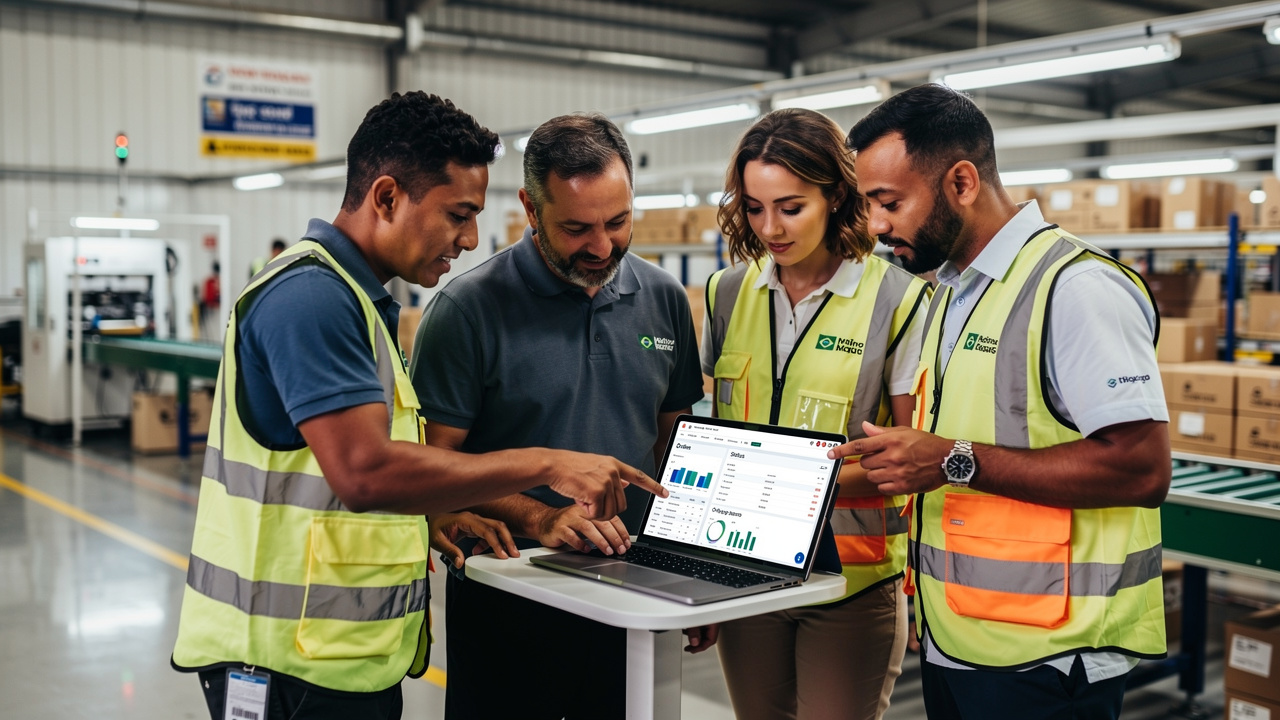 Equipe industrial colaborando em torno de tablet com sistema de pedidos online em ambiente fabril moderno