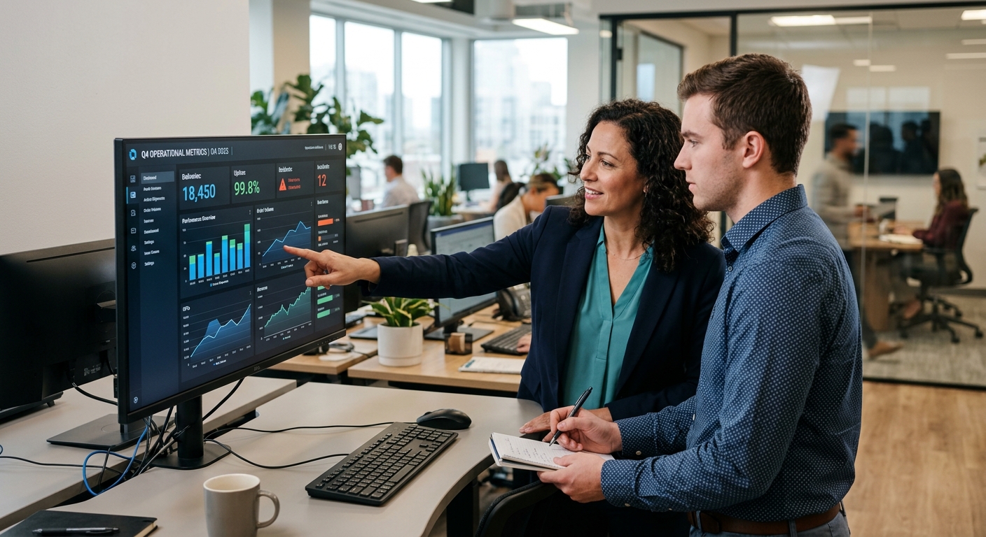 Gestor e colaborador analisando painel digital com métricas operacionais em monitor
