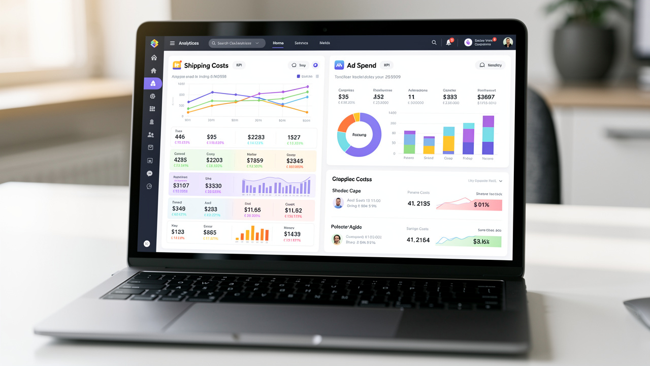 Tela de notebook com dashboard de e-commerce mostrando custos de frete e gastos com ads