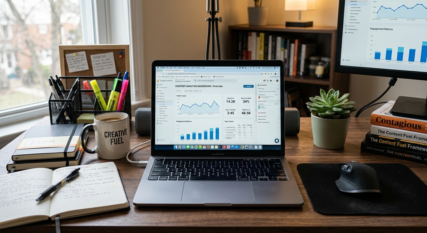 Mesa de trabalho ocupada com laptop exibindo ferramentas de análise de conteúdo