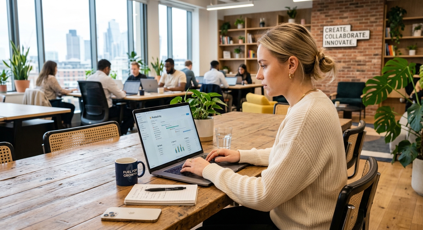 Jovem empreendedor usando laptop com software de produtividade em um ambiente de trabalho moderno.