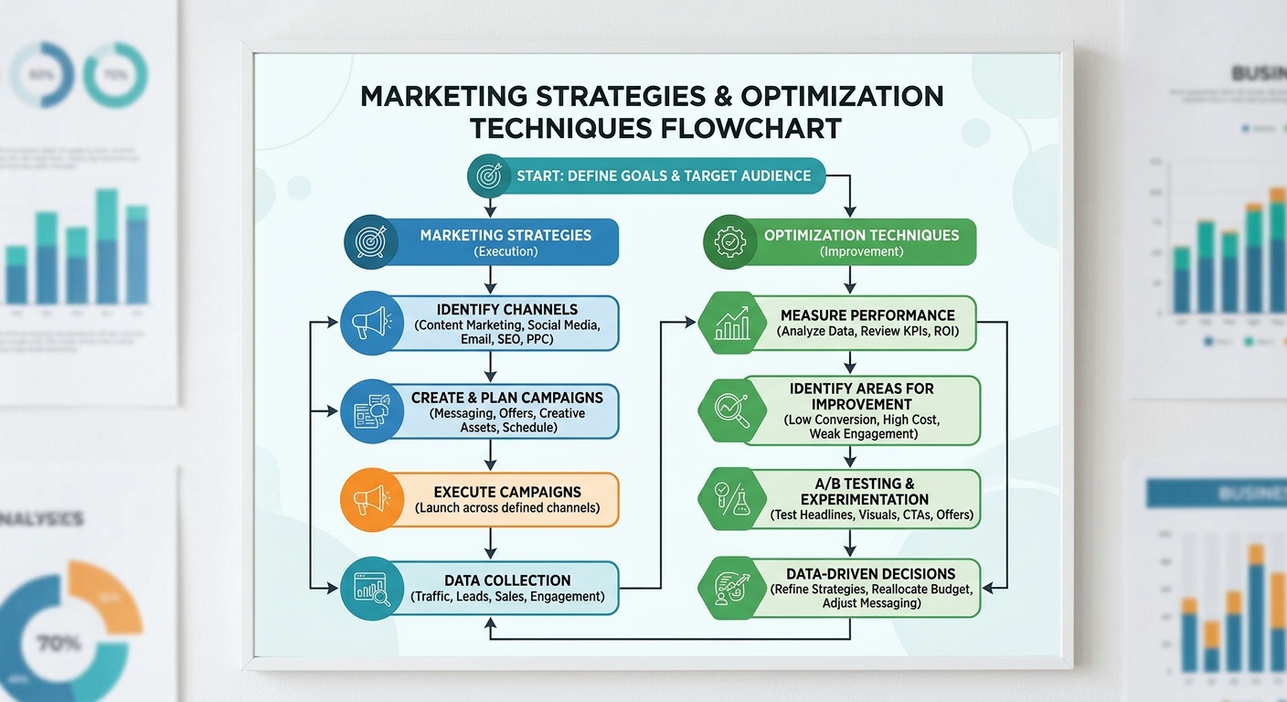 Um fluxograma mostrando estratégias de marketing e técnicas de otimização, claro e direto