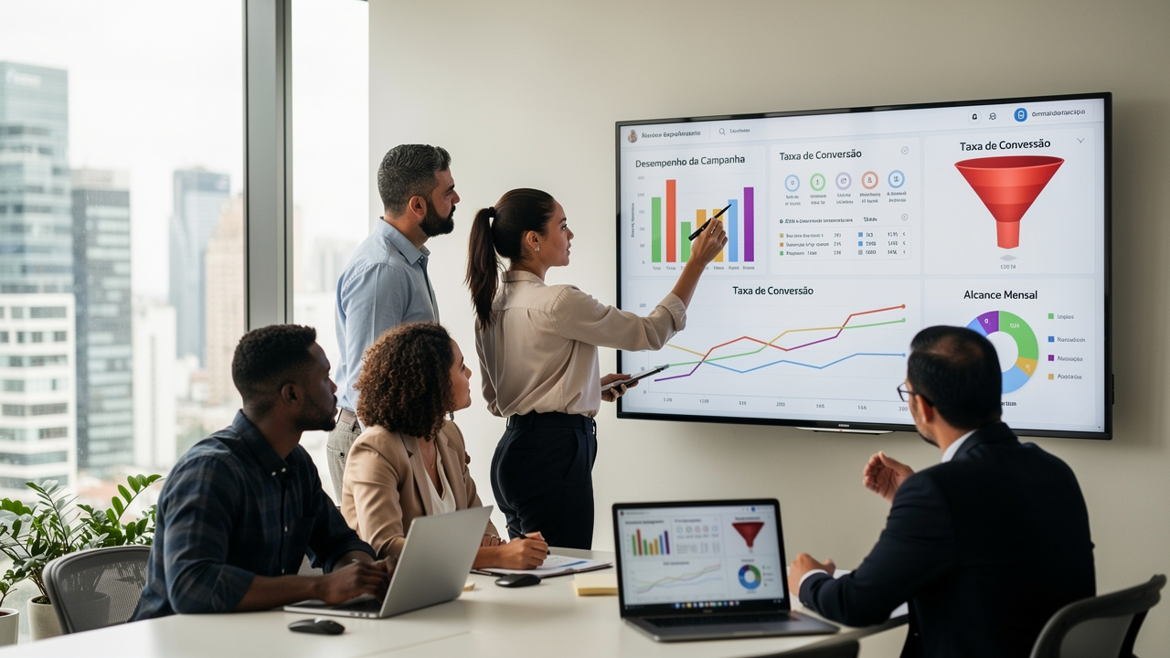 Equipe de marketing analisando dados de campanha em tela grande em escritório moderno