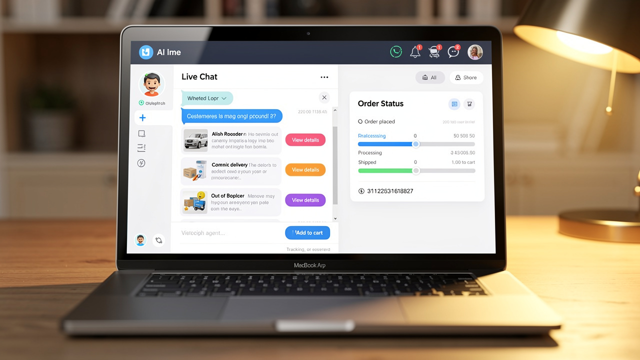 Interface de atendimento com IA mostrando chat ao vivo com sugestões de produto e status do pedido