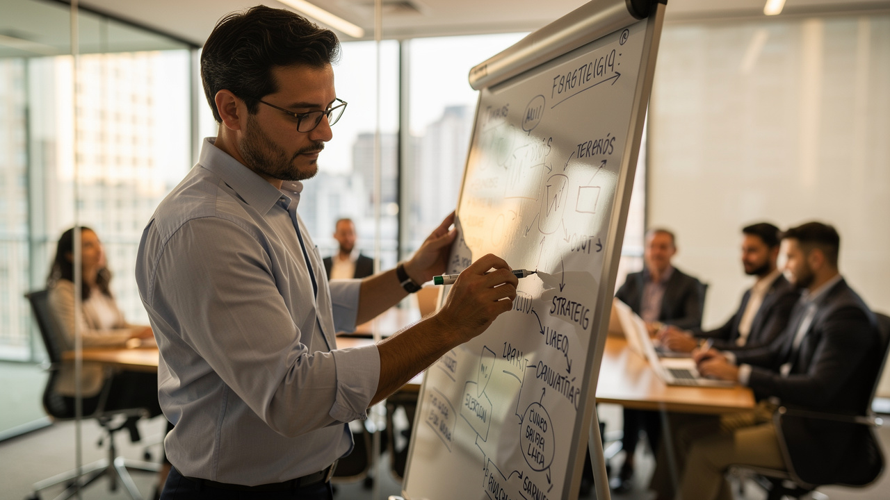 Empreendedor brasileiro escrevendo estratégia em quadro branco em reunião de equipe