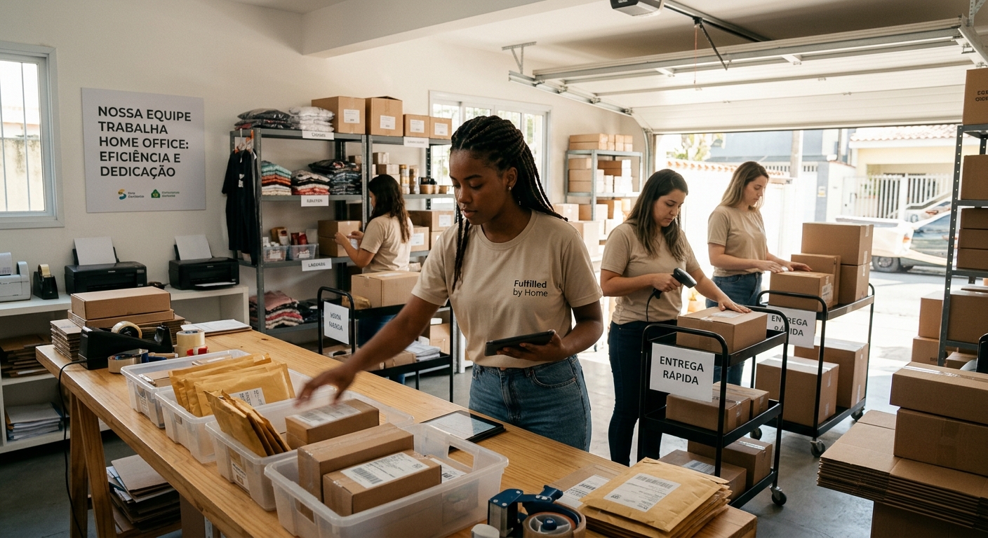 Pessoa organizando pacotes para entrega em armazém com boa iluminação natural