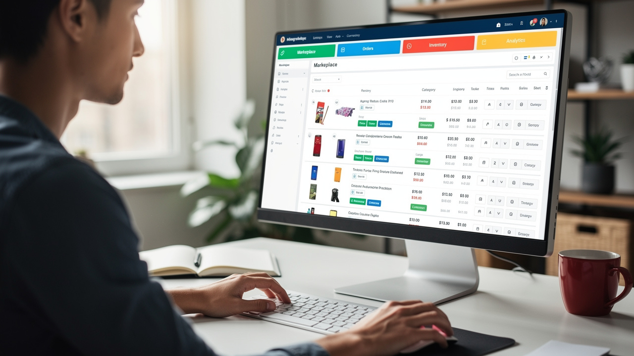 Pessoa organizando listagens de produtos importados em computador com abas de marketplaces abertas
