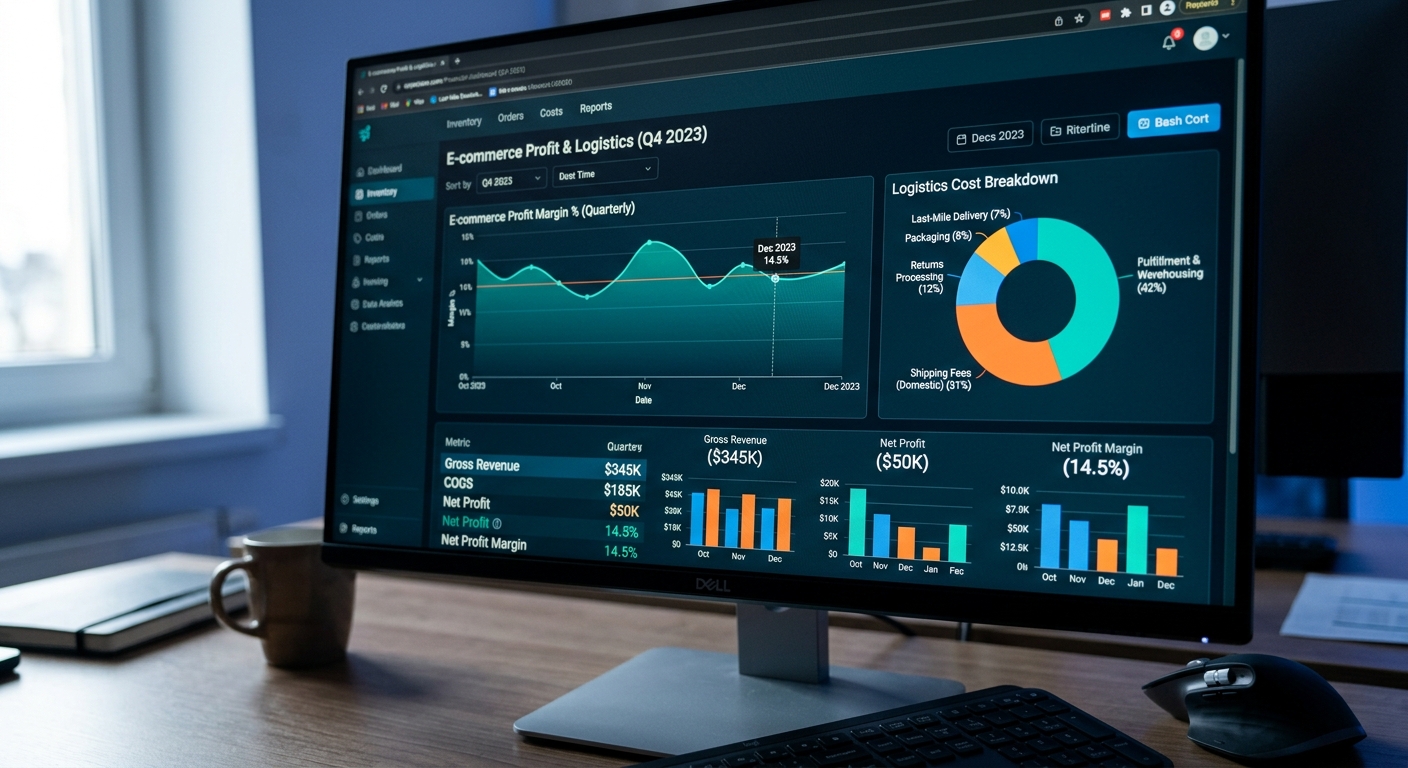 Dashboard financeiro mostrando gráficos de margem de lucro e custos logísticos no e-commerce
