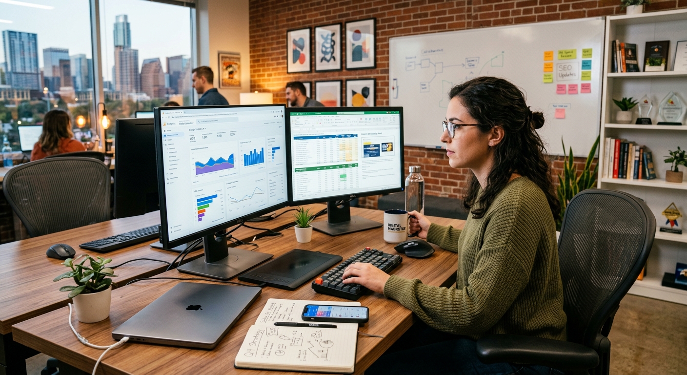 Profissional de marketing digital analisando dados em um computador em um ambiente moderno de trabalho