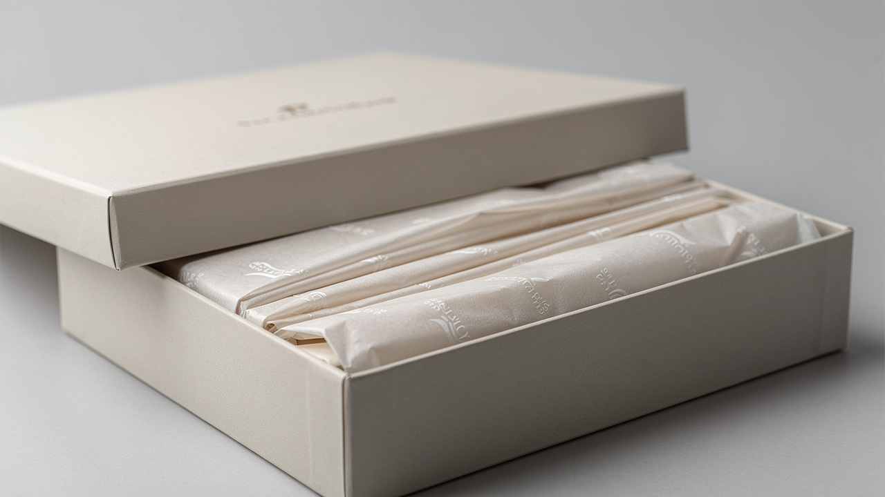 Caixa de produto premium aberta com papel de seda personalizado e iluminação suave de estúdio