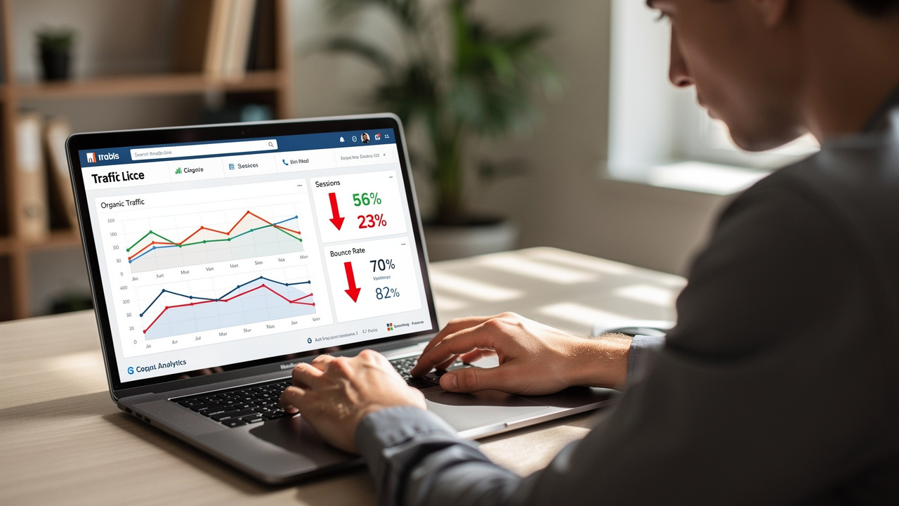 Pessoa analisando queda no tráfego orgânico em dashboard de analytics no laptop