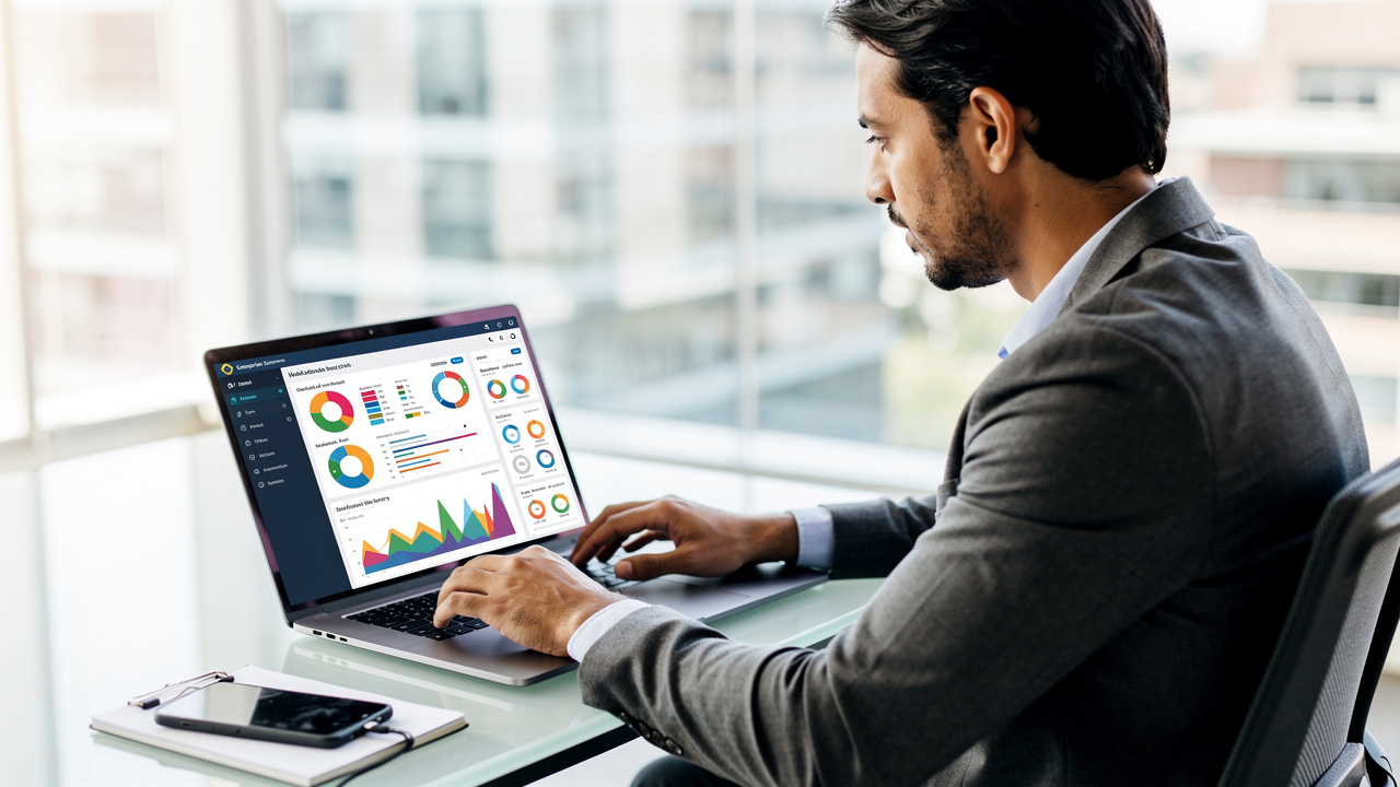 Gestor de e-commerce analisando gráficos de dados de clientes em laptop no escritório