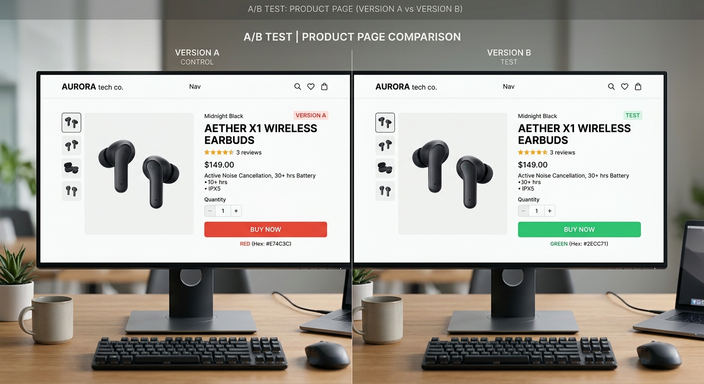 Tela de um teste A/B em uma página de produto de e-commerce com botões de compra de cores diferentes.