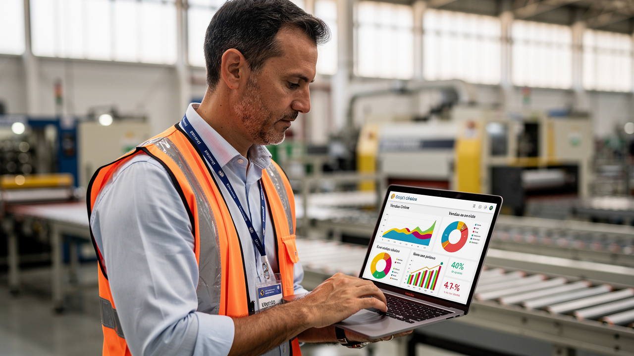 Gestor industrial brasileiro analisando painel de e-commerce em laptop dentro de fábrica