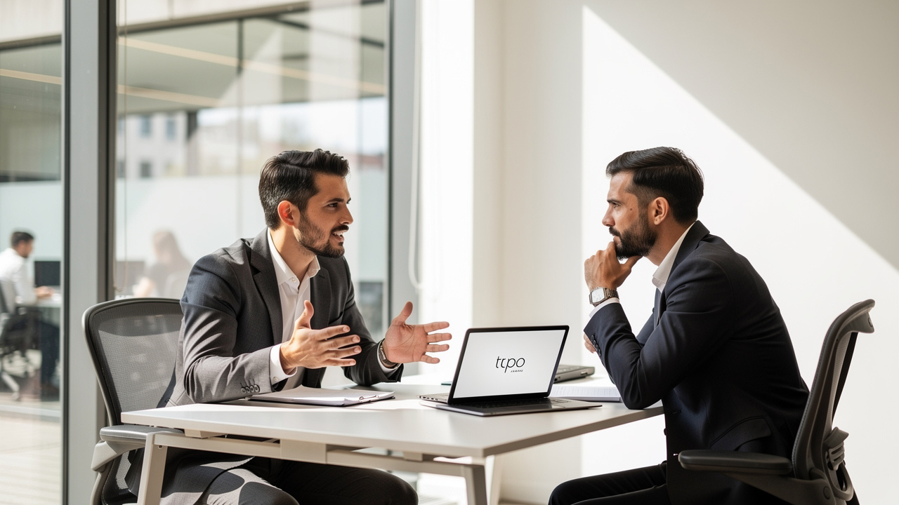 Dois profissionais conversando sobre percepção de marca em escritório moderno iluminado