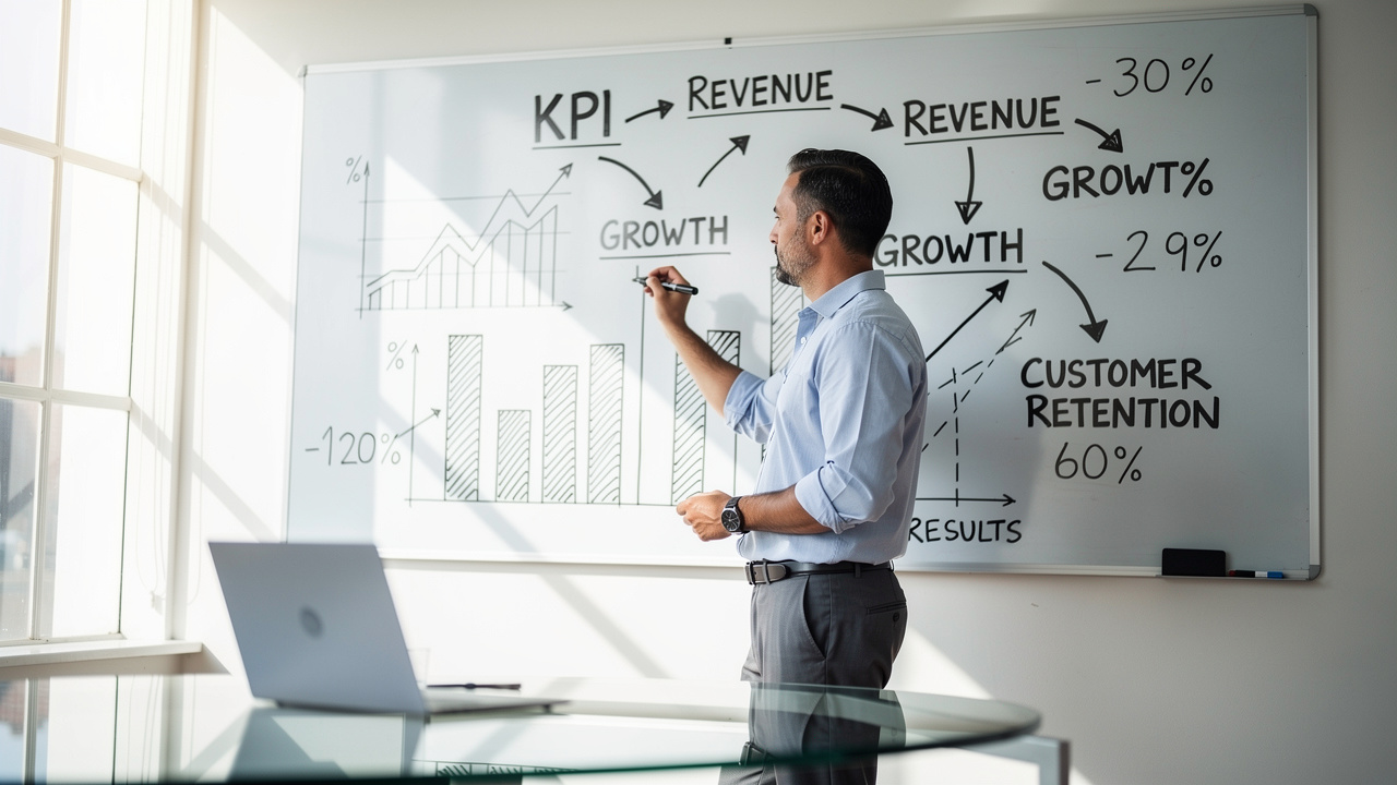 Empreendedor escrevendo KPIs em quadro branco com gráficos e setas coloridas