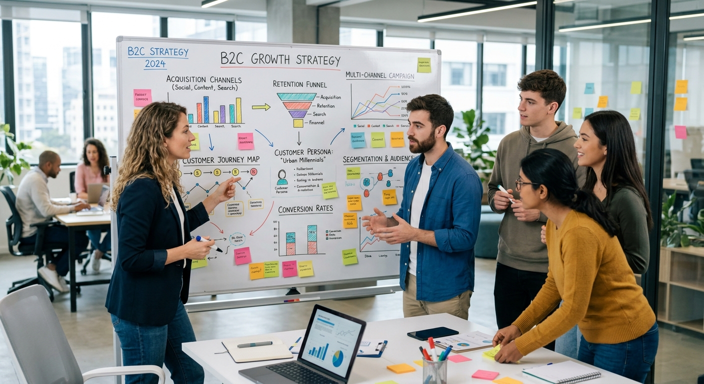 Equipe de marketing fazendo um brainstorming em frente a um quadro branco com gráficos de estratégia B2C
