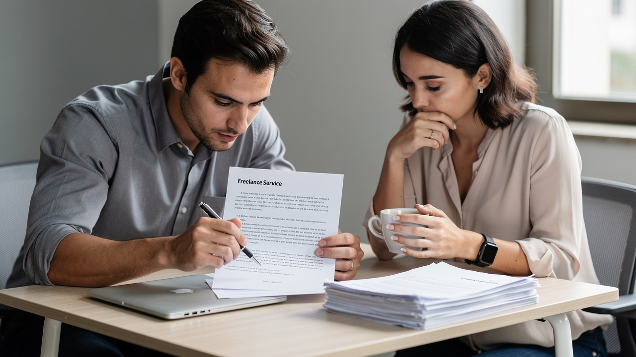 Dois empreendedores brasileiros discutindo contrato de serviço freelancer em mesa de escritório