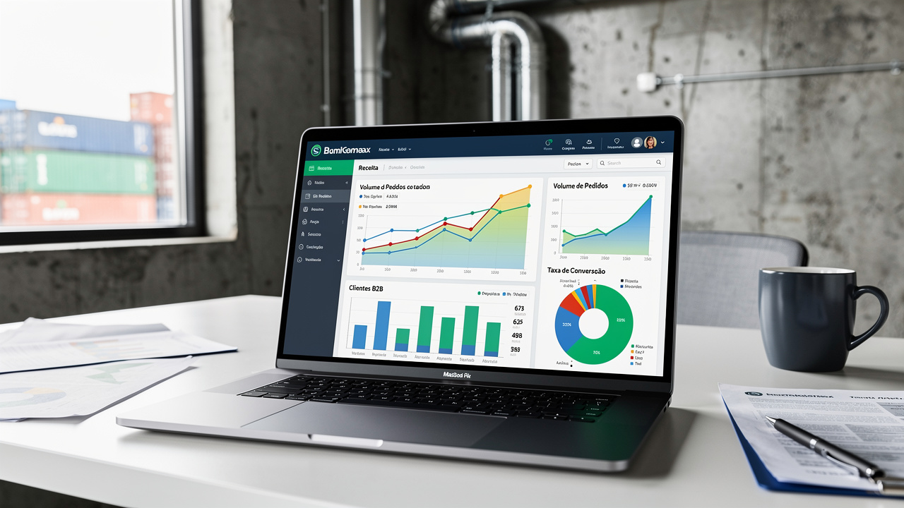 Dashboard de e-commerce B2B em laptop em escritório industrial com gráficos de crescimento