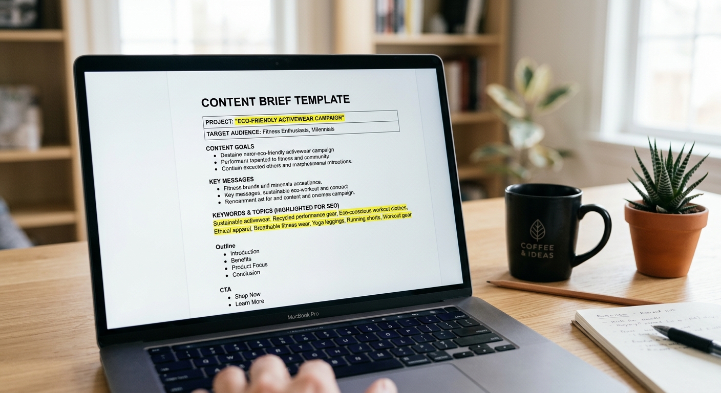 Template de briefing de conteúdo aberto em laptop com palavras-chave destacadas na tela