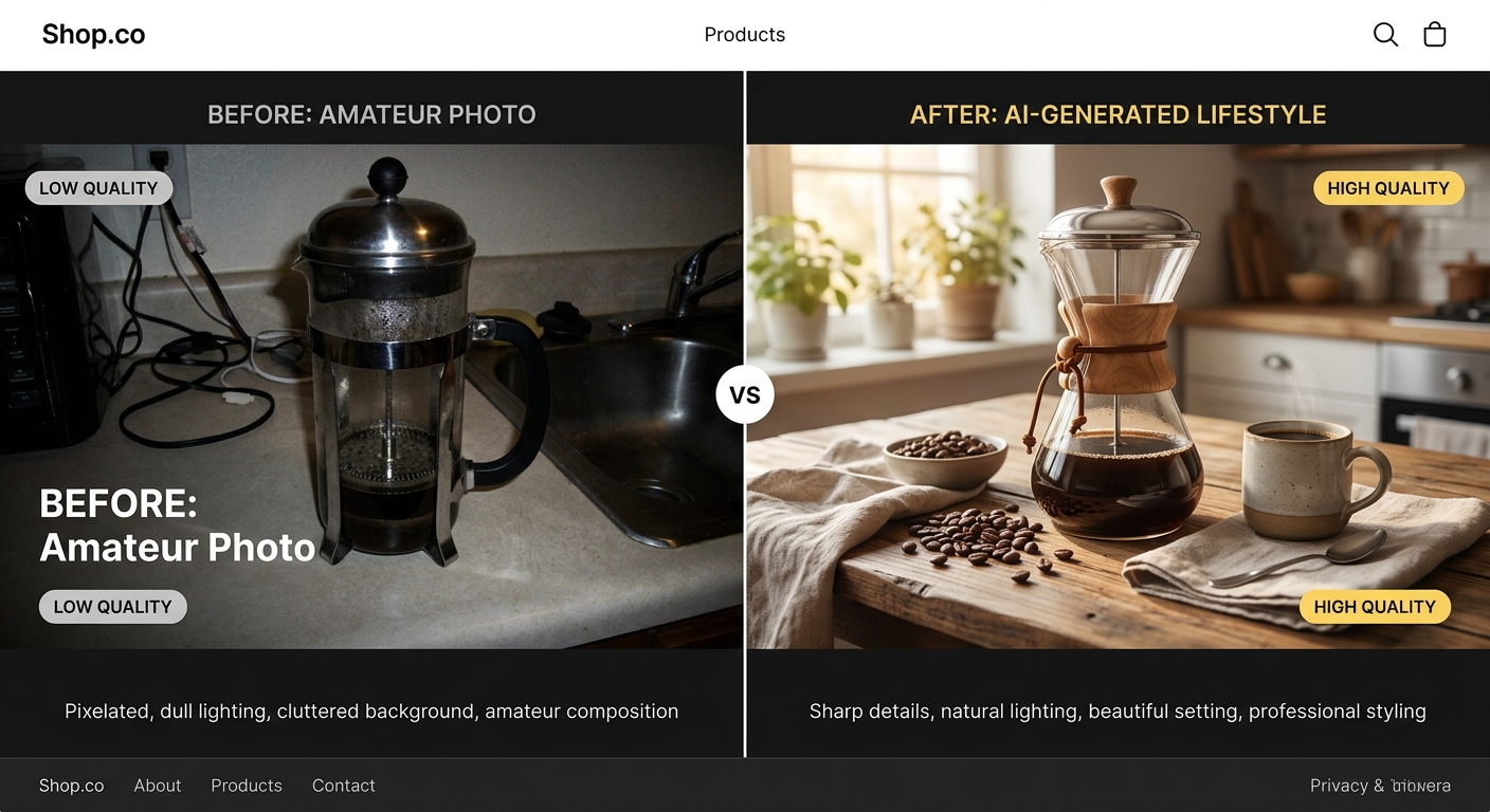 Comparativo de imagem de produto de baixa qualidade versus uma imagem de alta qualidade gerada por IA.